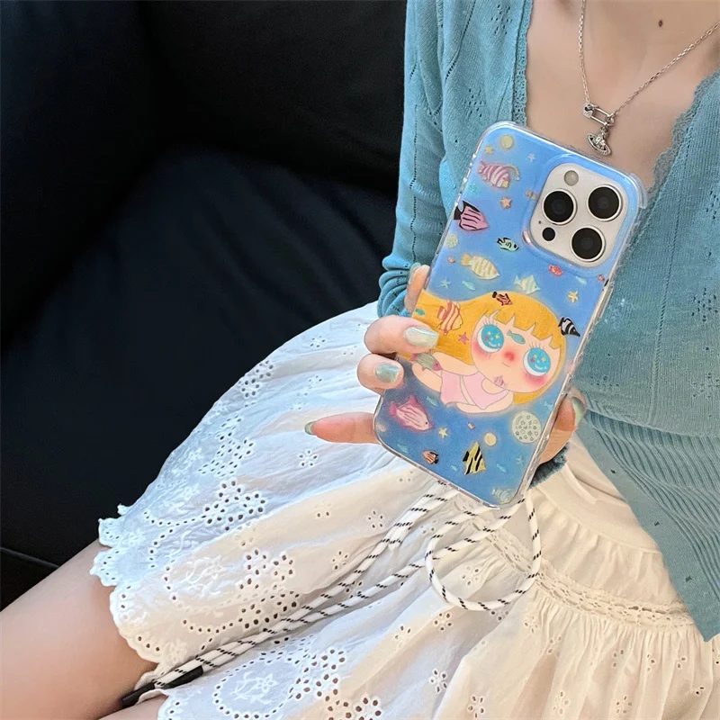 

Fashion ins Gold-Plated Little Fish Girl Phone Case For iphone 17 16 15 14 13 Pro Max 15promax underwater world soft cover