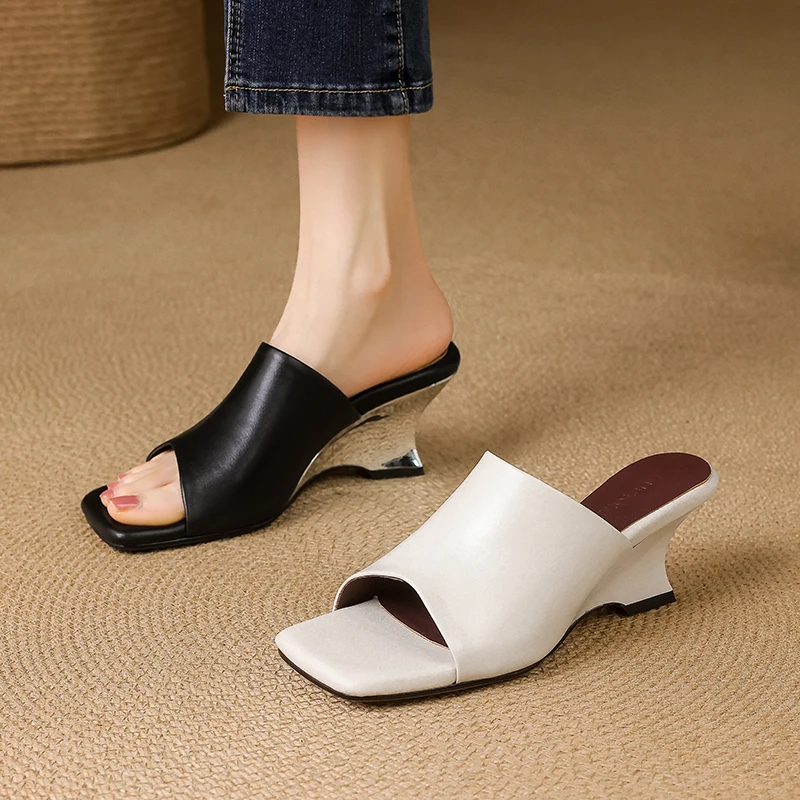 2026 new summer women sandals natural leather 22-24.5cm cowhide+sheepskin+pigskin open toe mules high heel women shoes fashion