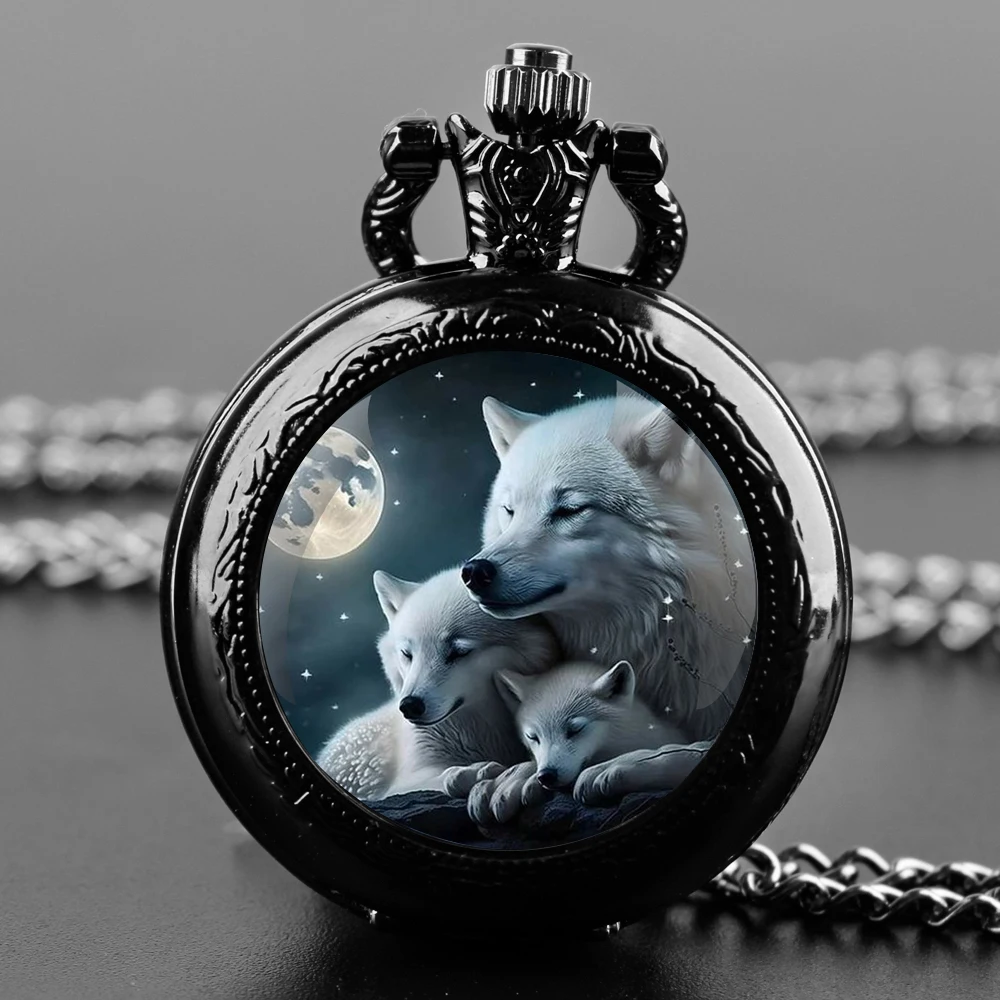 

Mother Wolf and Babies Themed Glass Dome Black Quartz Pocket Watch Classic Arabic Numeral Dial with Durable Chain for Men Gifts