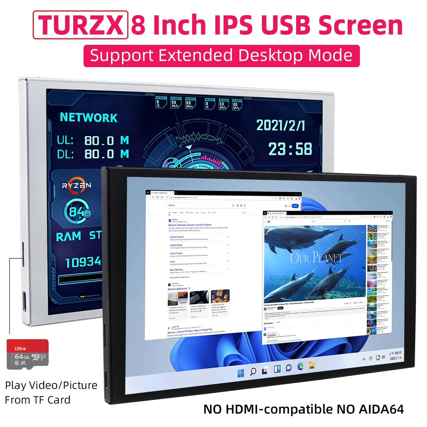 

New TURZX 8 Inch USB Secondary Screen 1280x800 IPS LCD Extended Desktop & CPU GPU RAM HDD Monitor Mode NO AIDA64 Windows 10/11