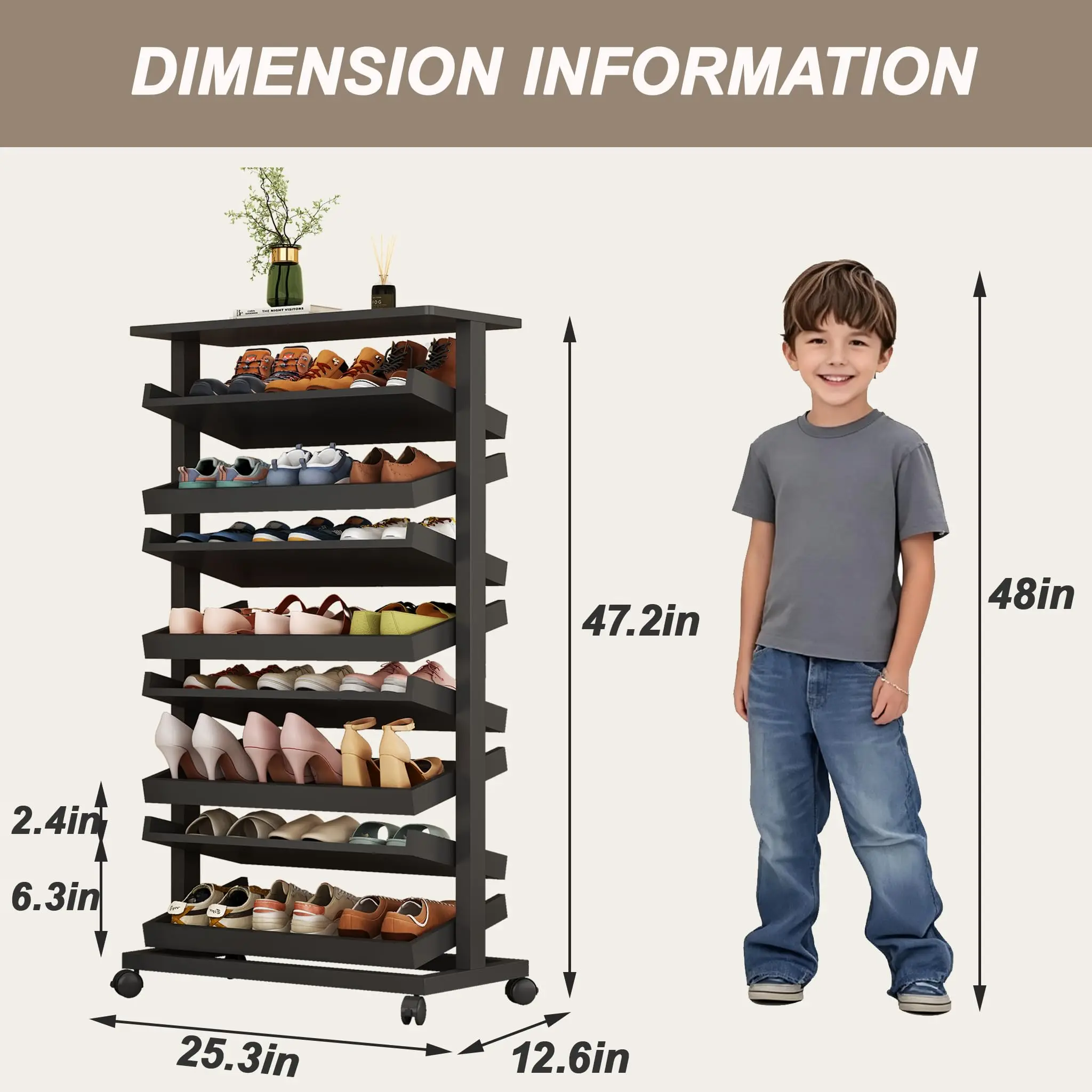 Rolling Shoe Rack with Wheels and Brakes,Vertical Shoe Rank for Entryway