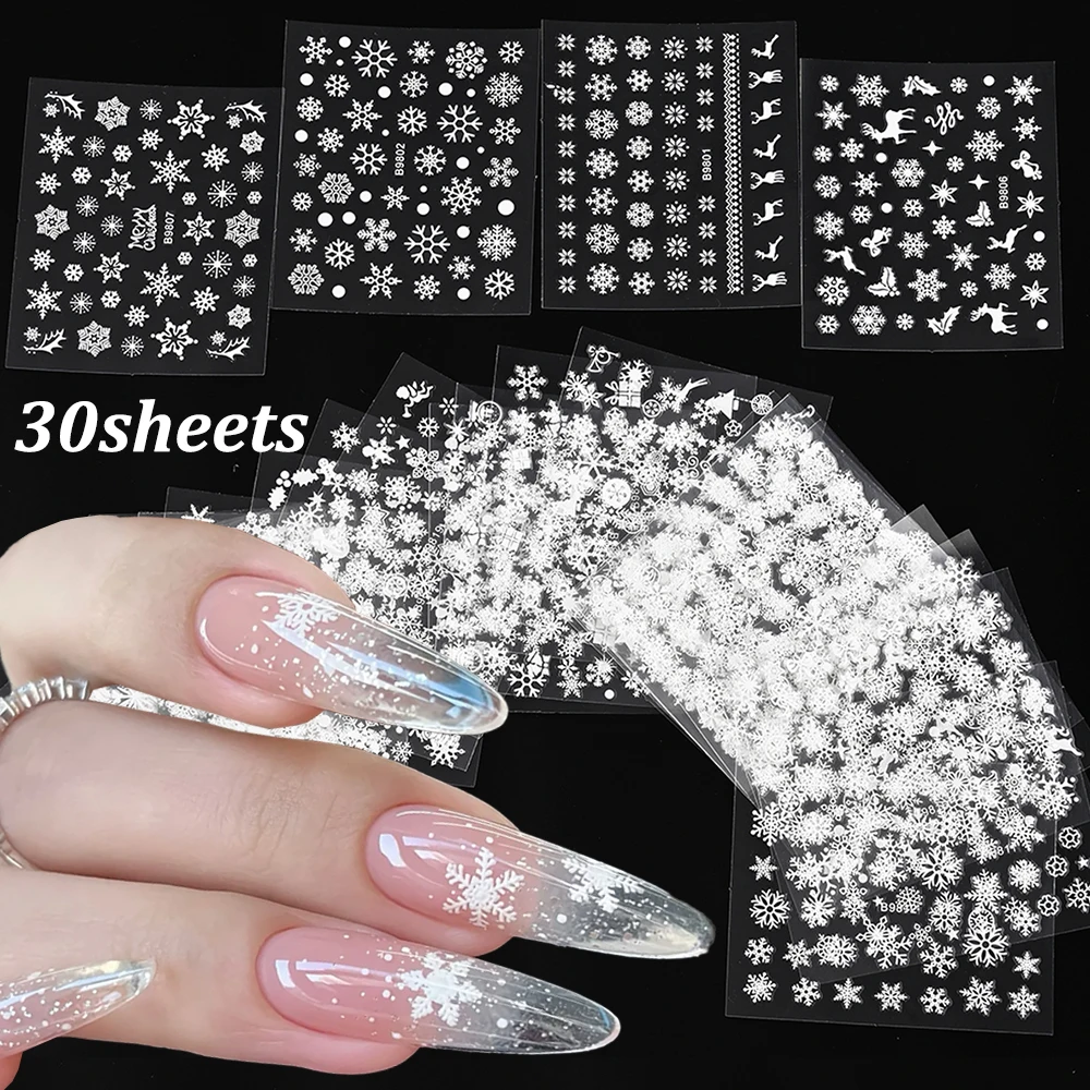 

30pcs/set White Snowflake Nail Stickers Christmas Self-Adhesive Nail Decals Snowman Elk Snowflake Nail Sliders Xmas Nail Sticker