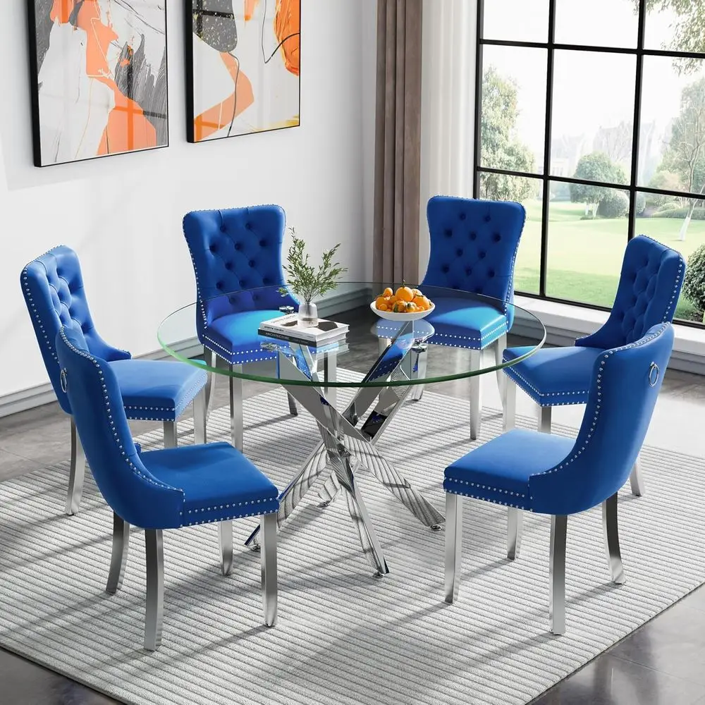 

6-Seat Round Glass Dining Table Set with Velvet Chairs