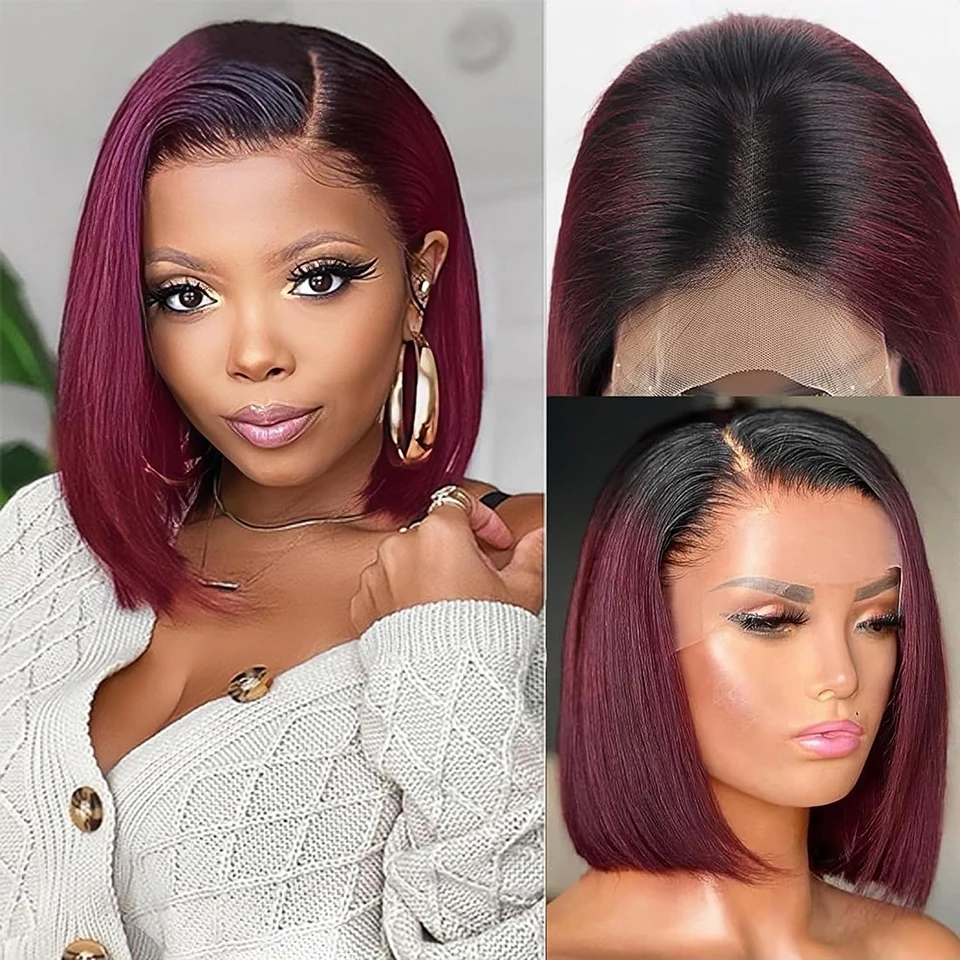 1B Burgundy Lace Front Wigs Human Hair 13x4 1B 99j Bob Wig Pre Plucked Red Short Straight Bob Frontal Wigs for Women