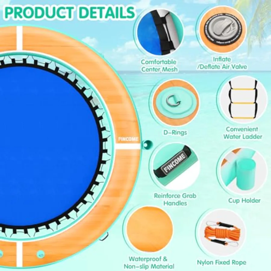 Lake and beach inflatable water hammock floating dock: PVC, blue, extra-stable 10FT round platform with integrated ladder and c