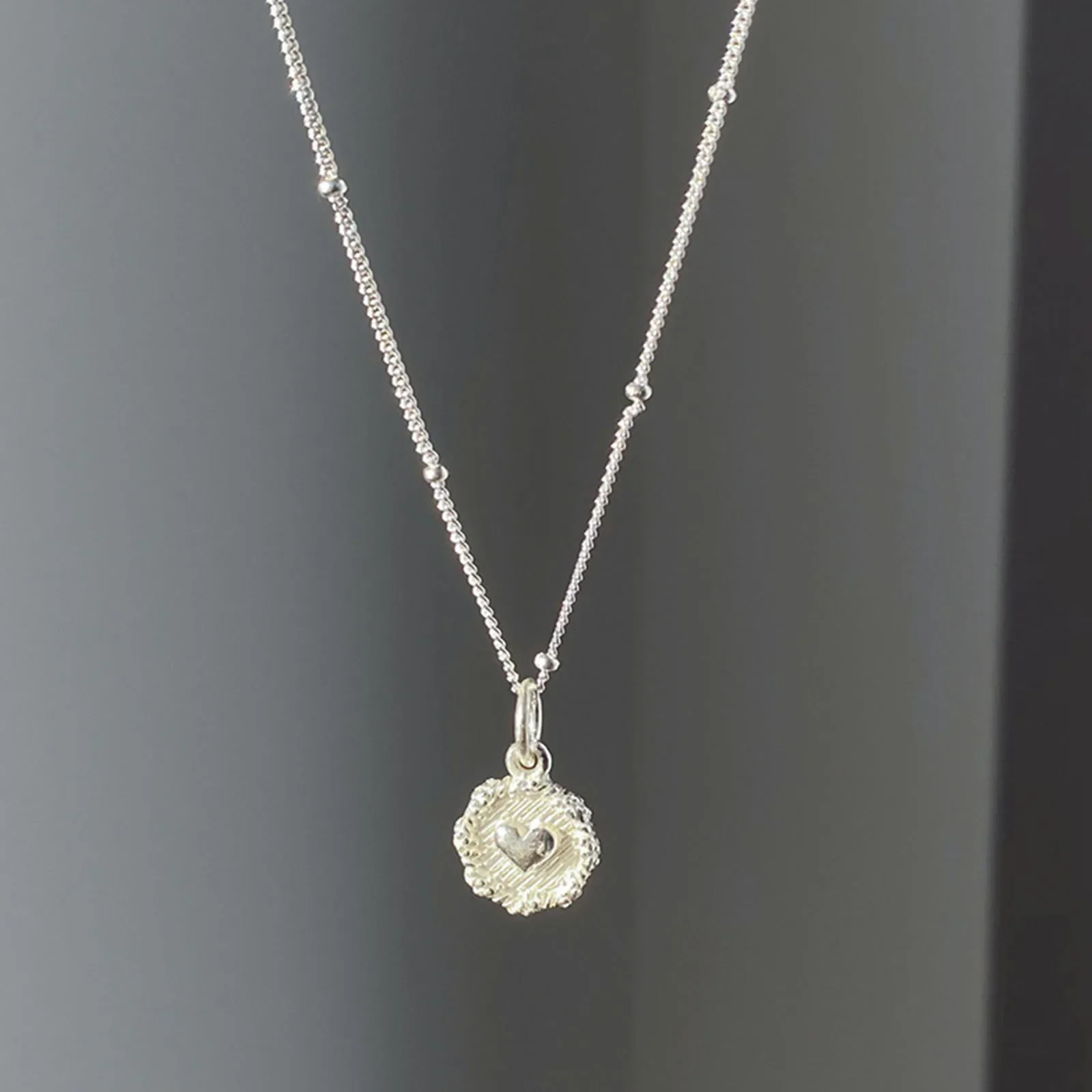 

925 Sterling Love Heart Texture Bead Necklace for Women Girl Stereoscopic Design Double Sided Jewelry