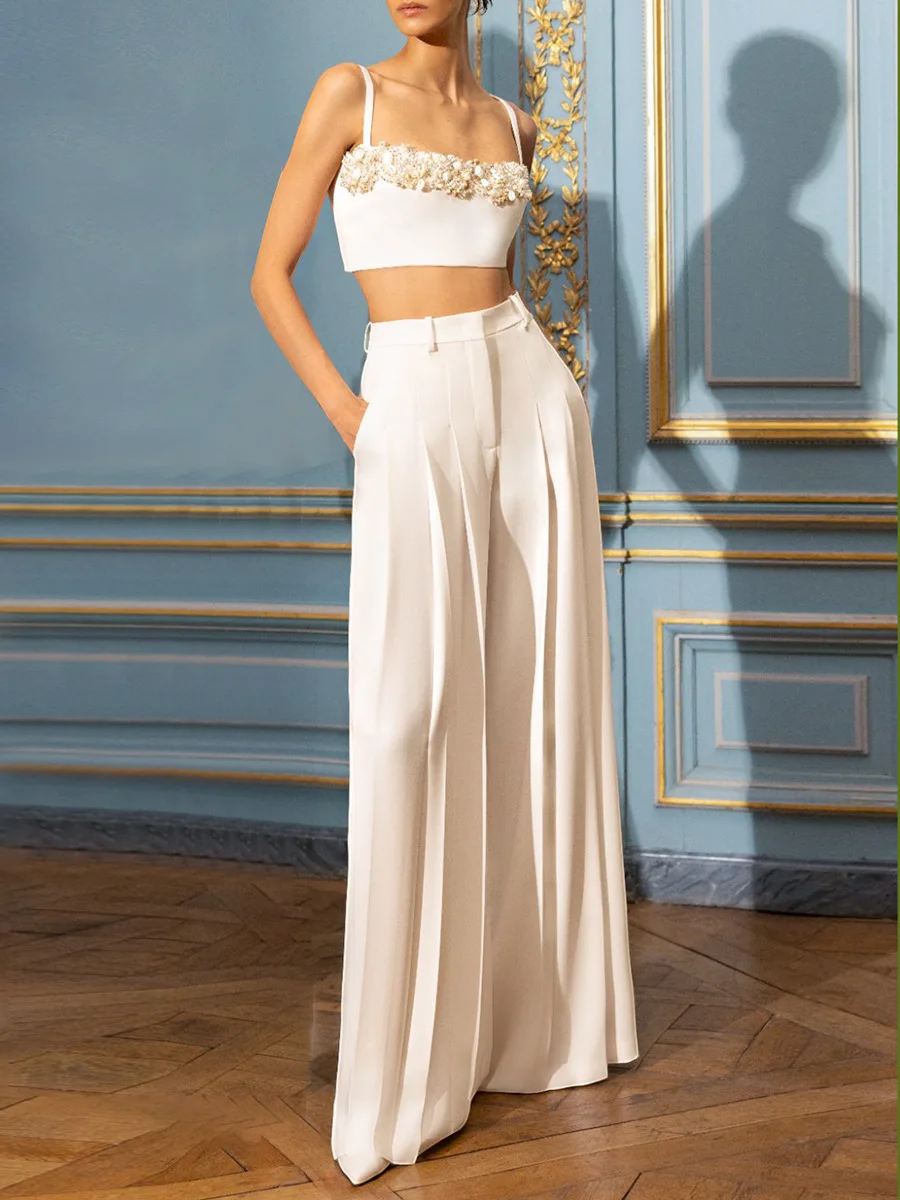 

New European American two-piece set off-shoulder strapless camisole top solid high-waisted straight-leg trousers pant sets traf