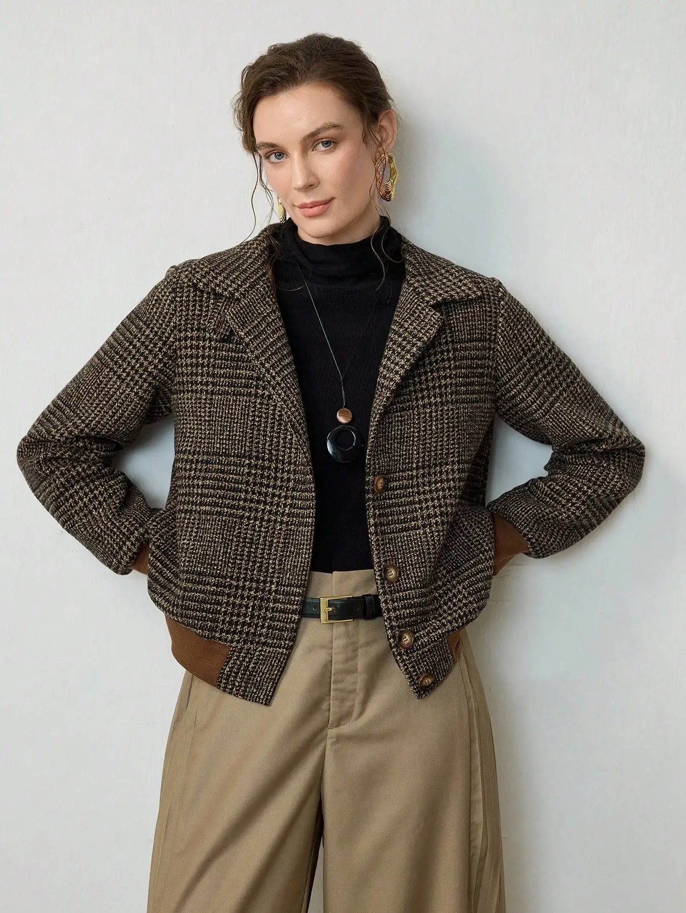 

Wool Plaid Turn-Down Collar Blazer Women Casual Fitted Buttoned Jacket