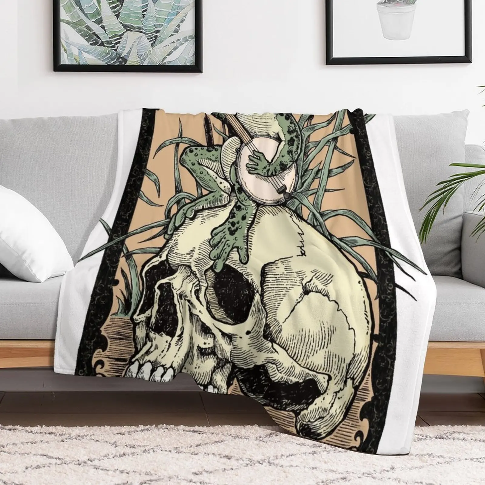 Victorian Frog Playing Banjo Throw Blanket Warm Comfortable Blanket Gift for Parents Friends