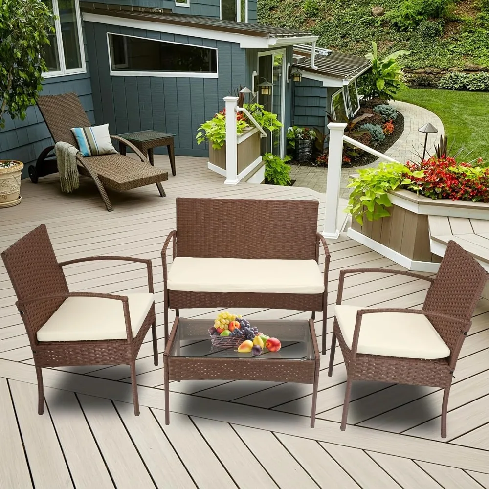 

4-Piece Rattan Wicker Patio Furniture Set, Outdoor Conversation Set with Coffee Table, All-Weather Wicker Chair for Porch,
