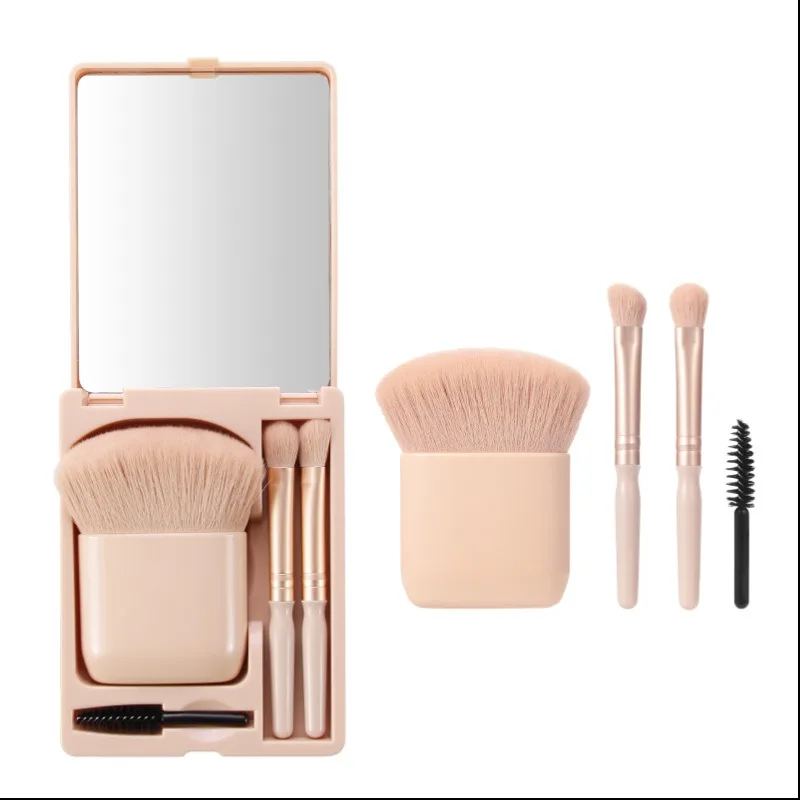 4 STKS Mini Spiegel Box Reizen Make-up Borstel Kunstmatige Vezel Foundation Make-up Poeder Blusher Draagbare Oogmake-up Borstelset