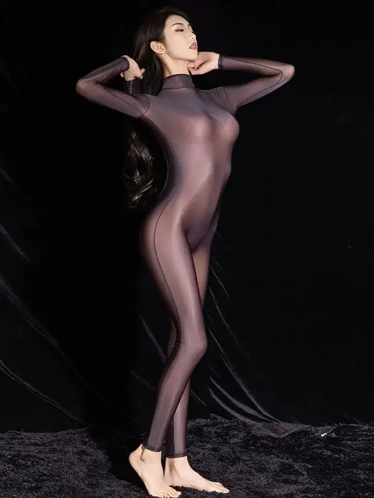 الياقة المدورة عارية الذراعين Catsuit لامعة النايلون بوديستوكينج سلس المنشعب الجوارب يوتار الملتصقة مثير ملابس داخلية شفافة Unitard