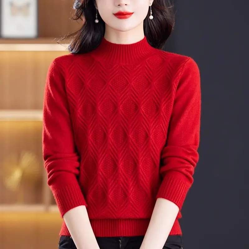 All-match Screw Thread Autumn Winter Half High Collar Solid Color Pullover Long Sleeve Sweater Knitted Women's Clothing Tops