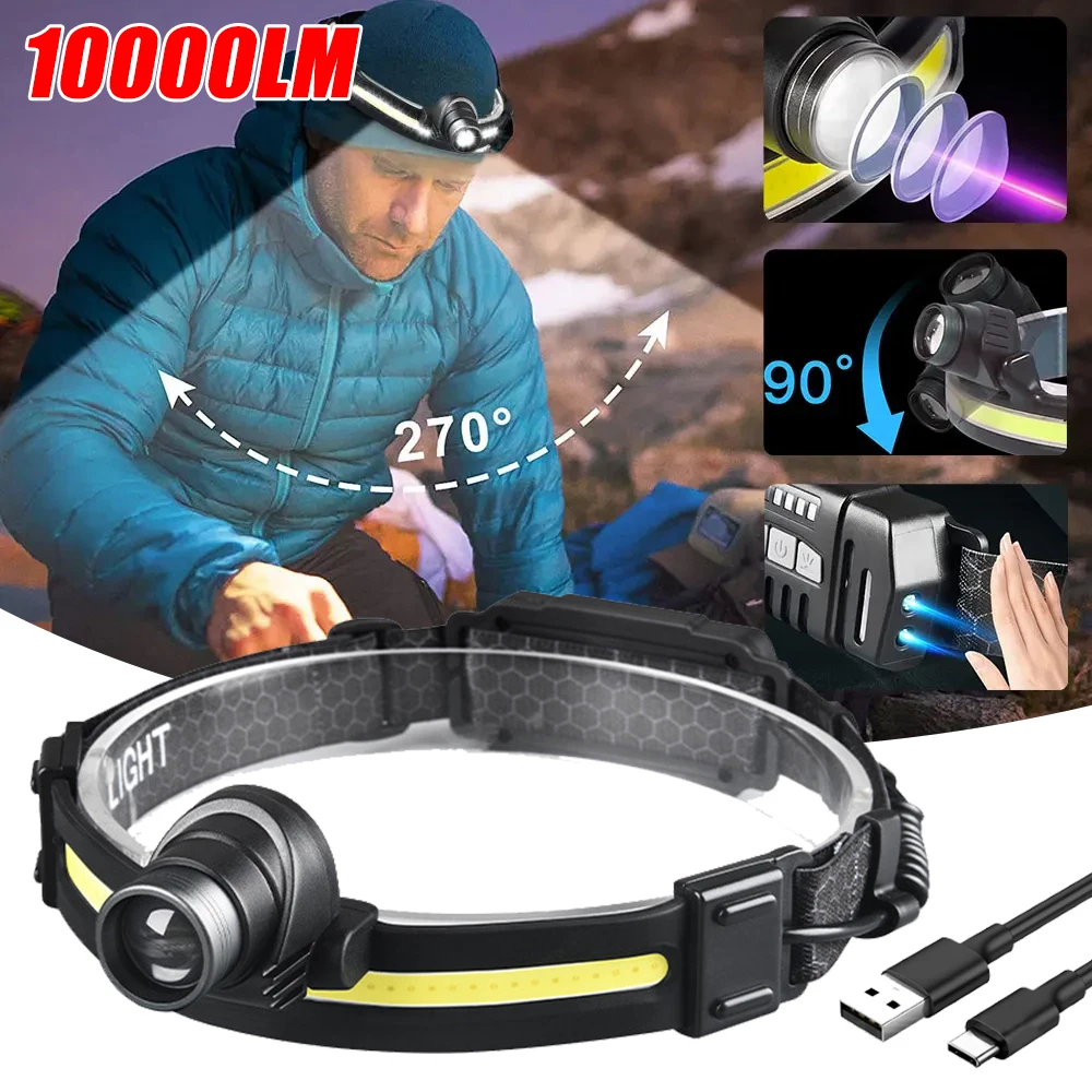 

10000 Lumens Headlamp Led Head Flashlight Outdoor XPE+COB Sensor Strong Light Headlight Camping Fishing Running Head Lamp