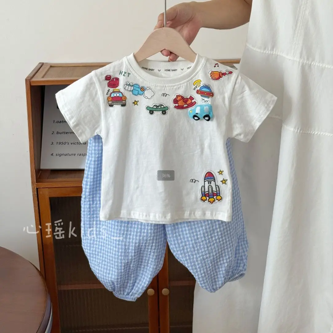

2025 New Summer Kids Clothes Set Children Cute Toy car print T-shirt+Wide Leg Pants Boys Letter Outwear 2PCS Sets 1-9 Y Outfits