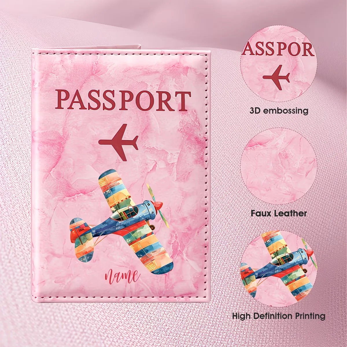 Custom Name PU Passport Holder, Custom Watercolor Airplane Pattern, Featuring Colorful Stripes and Vintage Aircraft Illustration