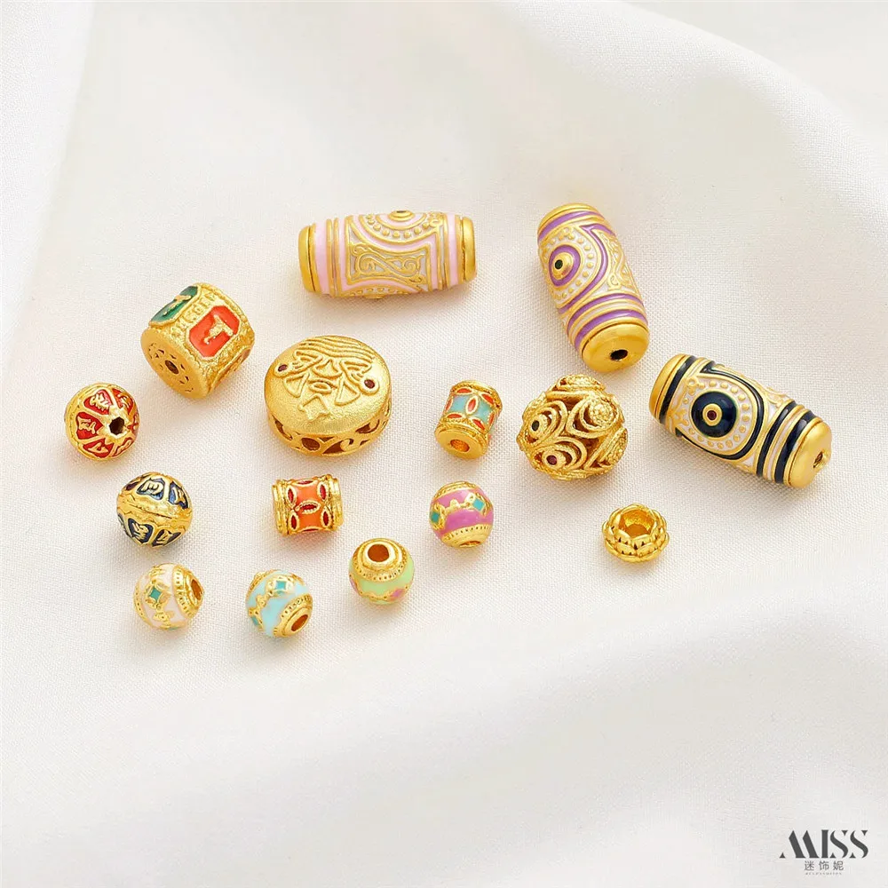 Mute Gold 18K Gold-wrapped Dzi Beads Six-character Proverbs Copper Coins Zakiram Snail Temples Beads DIY Beaded Accessories