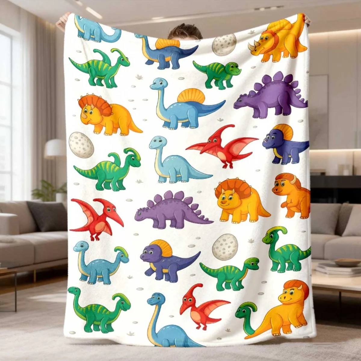 Kids Lovely Multicolor Jurassic Dinosaur Cartoon Pattern Flannel Blanket Decorative Throw For Toddler Bedroom Holiday Gift