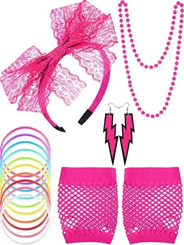 

Pink Lace Bow Hair Hoop Lightning Earrings Fishnet Gloves Multilayer Color Bracelet Pink Beaded Necklace for Women Jewelry Set