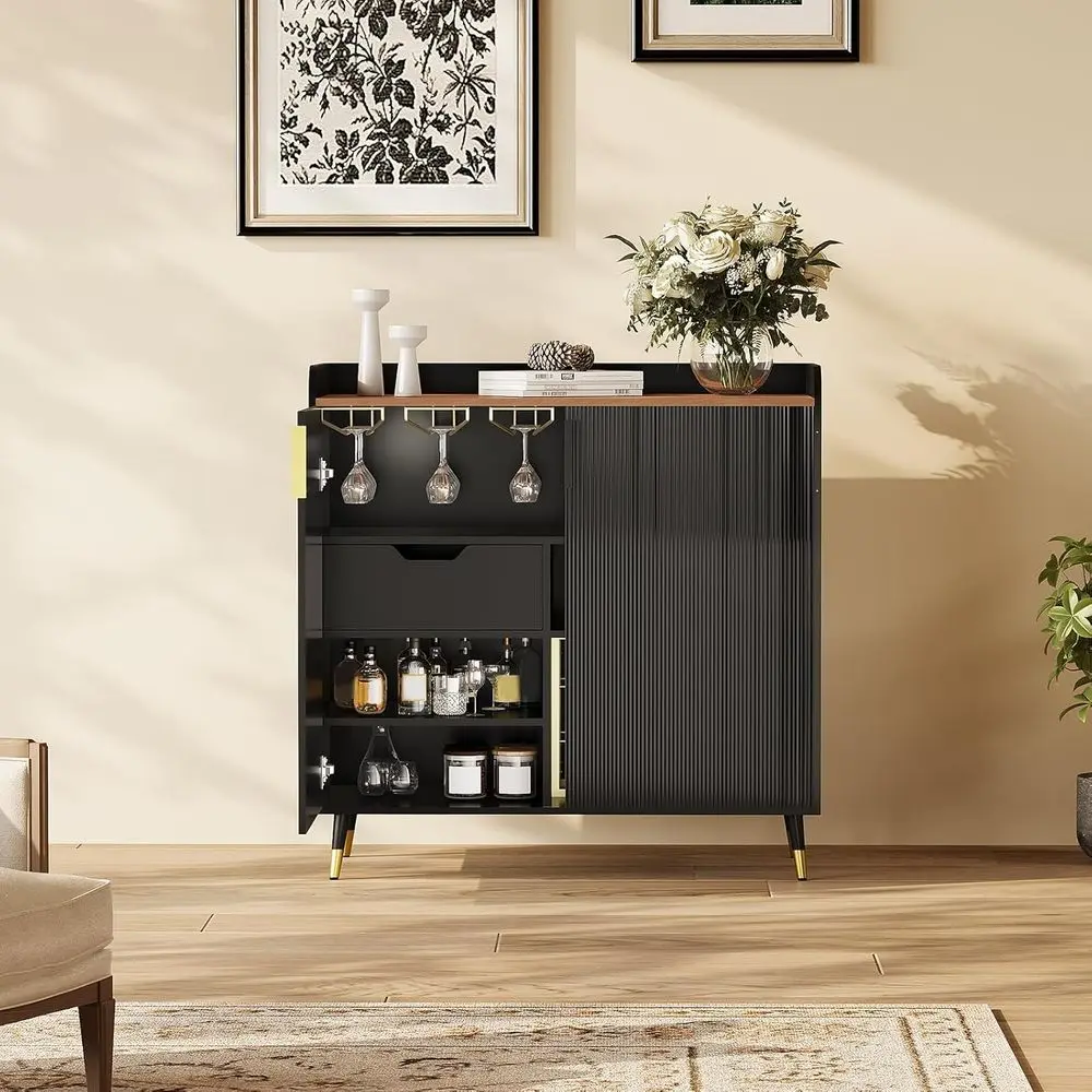 

Stylish Wine Cabinet with Rack and Glass Holder - Freestanding Home Bar for Dining, Living, or Kitchen - Black