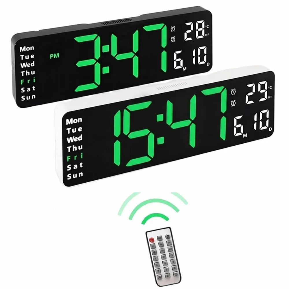 12.5Inch Digital Wall Clock TEMP Date Week Timing Countdown 2 Alarm Table Clock 10 Level Brightness Wall-mounted LED Alarm Clock