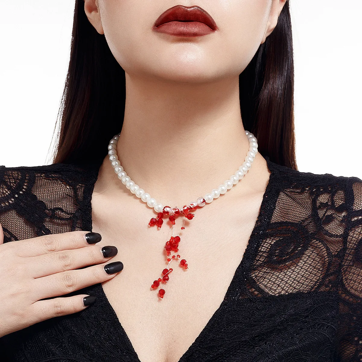 Halloween crystal tassel blood pearl necklace personality sweet cool dark street love multi-layer collarbone chain