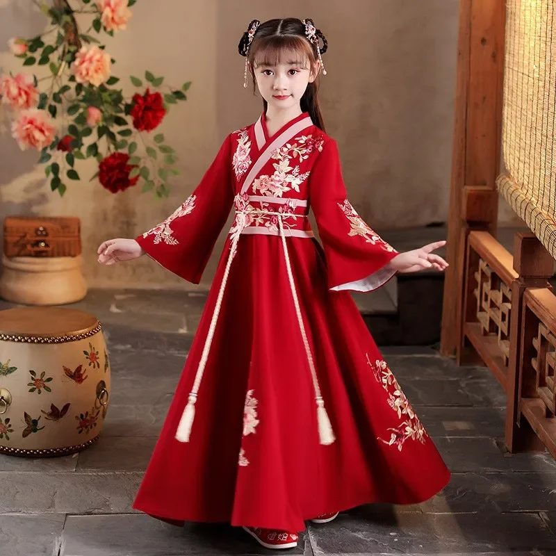 

Vintage Kids Embroider Flower Hanfu Tang Suit Elegent Children Birthday Dress Costume Girls Red Chinese New Year ClothesCosplay