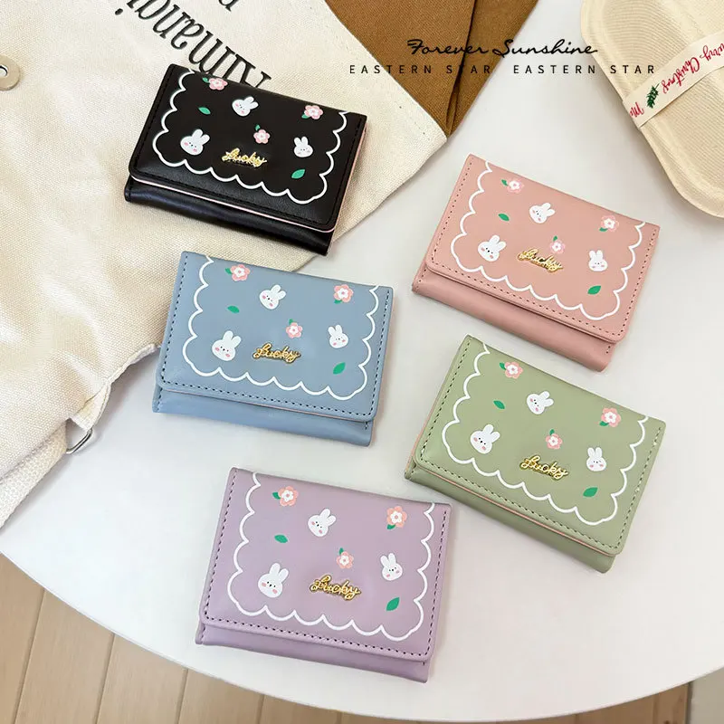 

Cute rabbit new girl student cartoon short three folding wallet printed anime fashion change wallet Kawaii