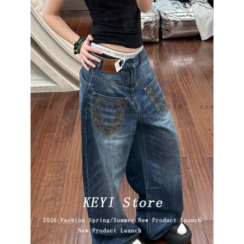 

American Y2k Jeans for Women Vintage Embroidery Low-waist Denim Pants 2026 New Loose Straight Wide Leg Pants