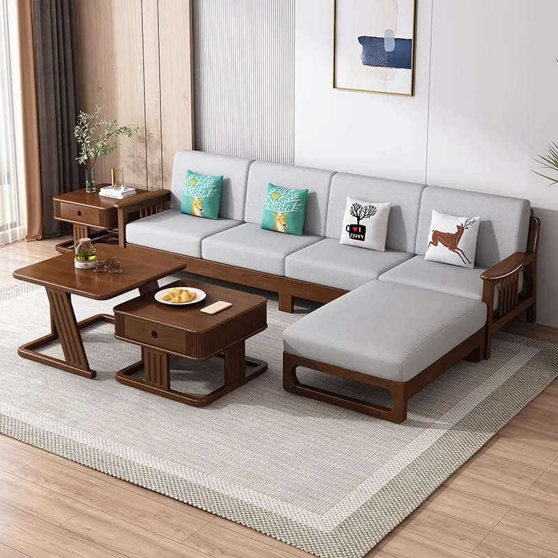 Solid wood combination fabric concubine corner sofa small apartment three-person living room furniture