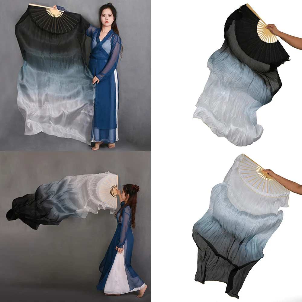 

Hot-sell Black/White Mixed Belly Dancing 100% Real Silk Fan Veils Dyed Color Long Dancing Fans 180cm Lenglth Dance Performance