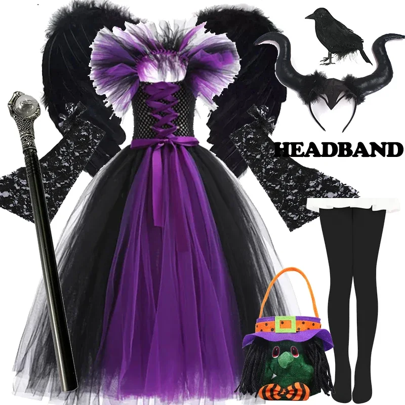 

Halloween Maleficent Witch Costume Kids Cosplay Demon Queen Dresses Deluxe Tail Girls Fancy Black Glam Gown Tutu Clothes