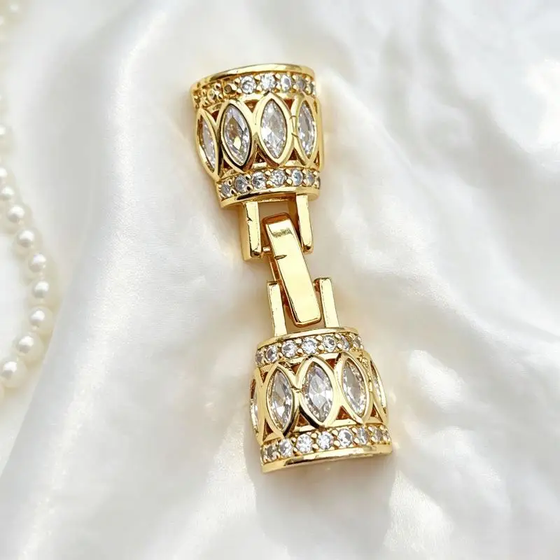 Kupferbeschichteter Goldener Retro-Halskette mit Zirkonia und mehreren Perlenreihen, Armband-Verbindungsschnalle, DIY-Schmuckherstellungsmaterial – Detail 2
