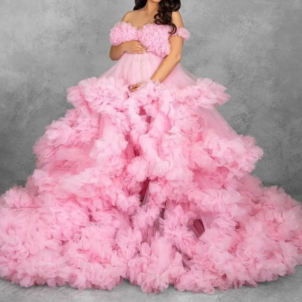 Luksusowe różowe suknie balowe dla kobiet w ciąży suknia do sesji zdjęciowej Ruffles tiulowe rozcięcie z przodu Custom Made bufiaste długie sukienki w stylu vintage