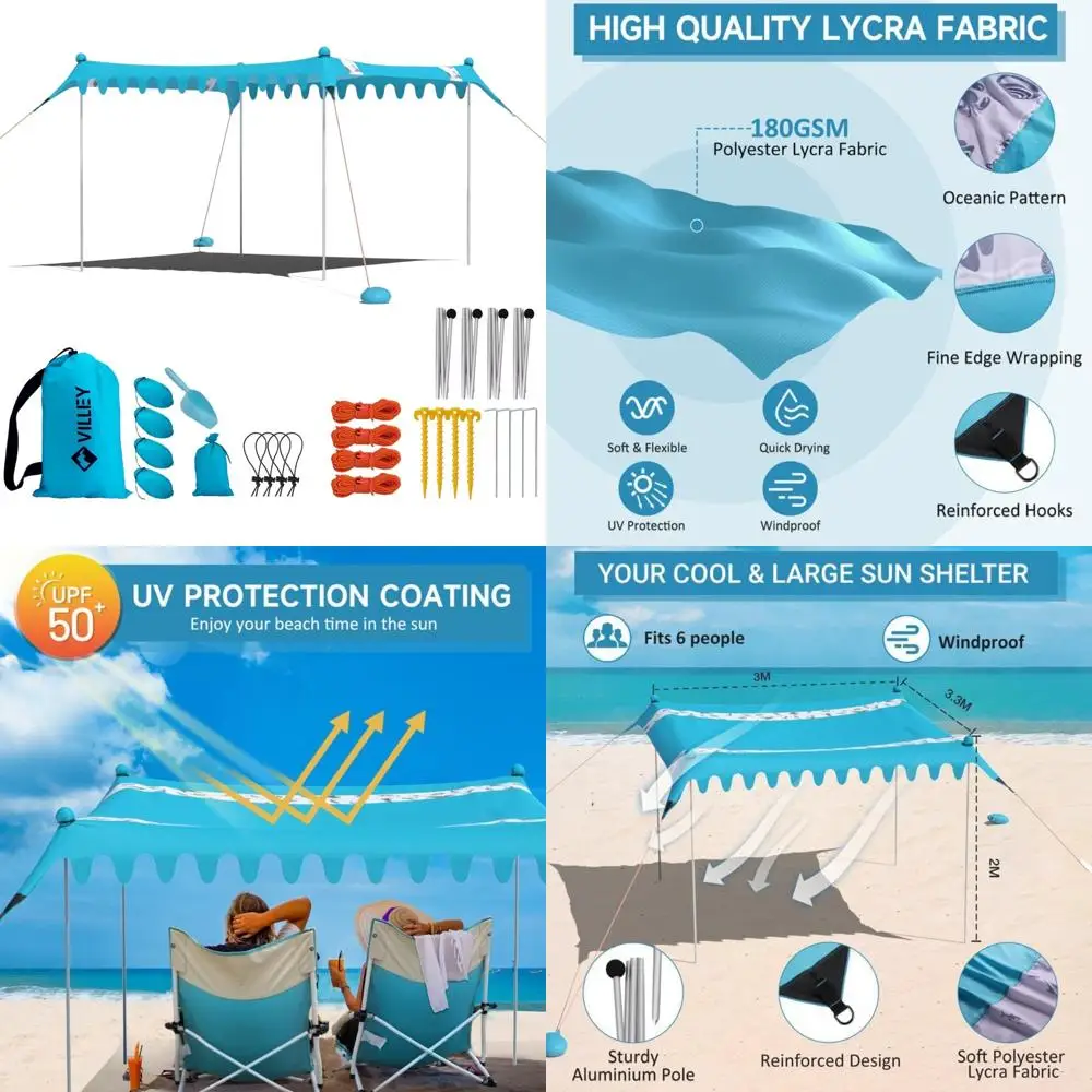 

Портативный пляжный солнцезащитный козырек с большим навесом UPF50+, высотой 11x10 футов, 4 опоры, 8 колышков, мешки с песком для наружного тента