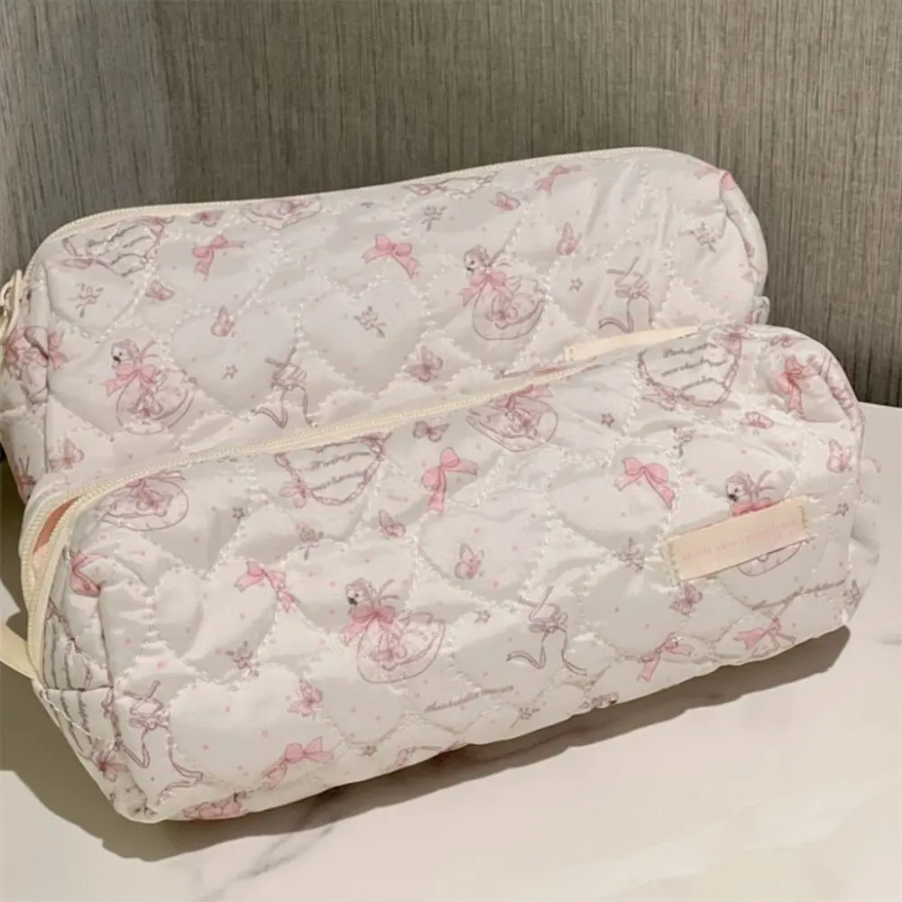 Large Capacity Pink Swan Quilted Pencil Case Bow-knot Single Layer Stationery Bag Zipper Closure Stationery Box School Supplies