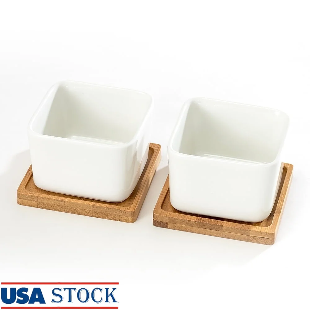 

Set of 2 Square Ceramic Pots with Bamboo Trays Drainage Holes Perfect Succulents Cactus Plants Home Garden Office Decor