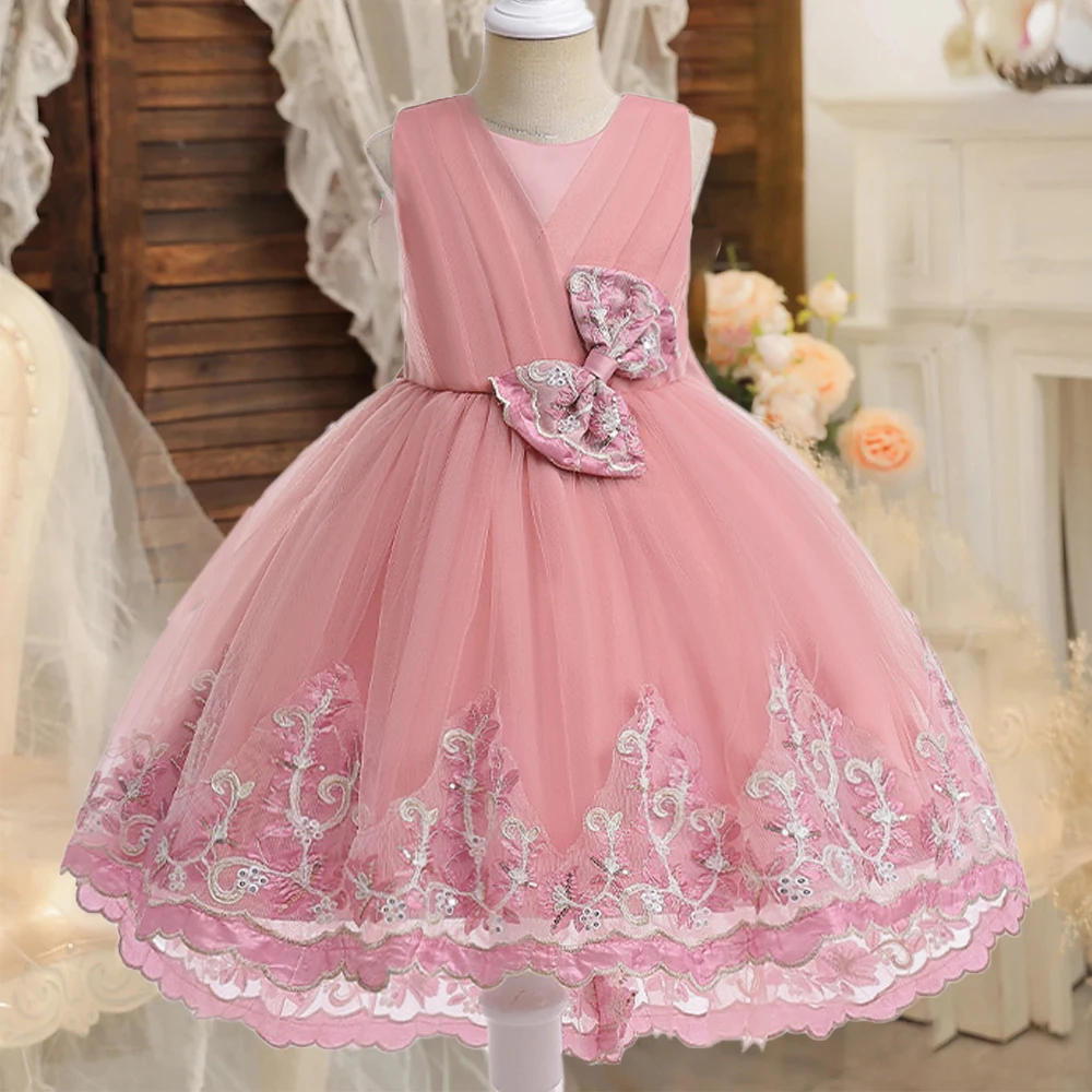 

Платье подружки невесты с цветочной вышивкой для девочек, тюлевое платье со шлейфом для свадебной вечеринки, платья принцессы для девочек, платье для выпускного вечера с бантом, Рождественский костюм