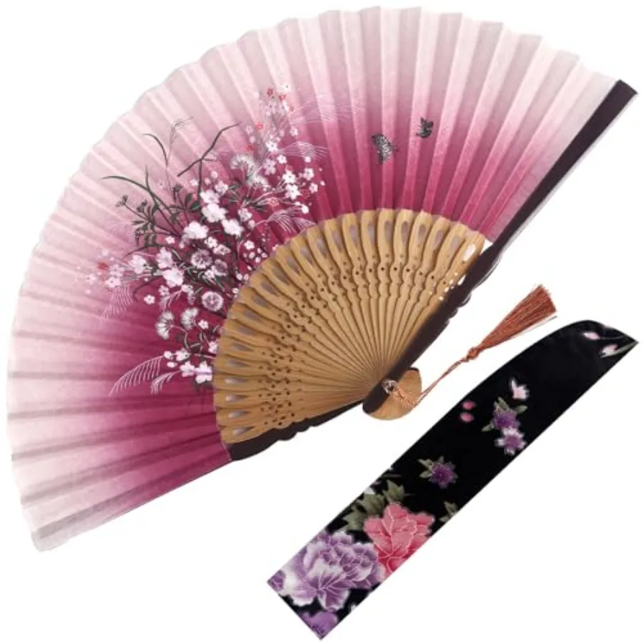 

Fabric Folding Hand Fan with Tassel and Pouch Elegant Foldable Handheld Fan for Women, Wedding Fans for Guests, Chinese and Jap