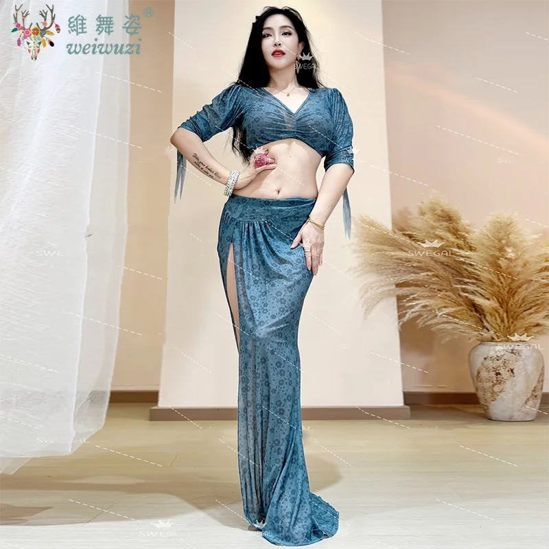 بدلة ملابس أداء الرقص الشرقي للنساء للرقص الشرقي نصف كم علوي + تنورة طويلة شبكية 2 قطعة مجموعة ملابس احترافية شرقية #1