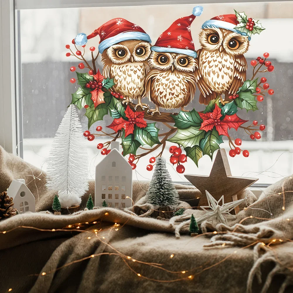 Christmas Owl Window Stickers Branch Owl New Year Static Decal Cute Owl Glass Clings for Winter Party Christmas Decorations 2025