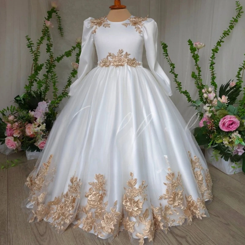 New Kids Formal Bow Floral White Children Girls Elegant Long Sleeve Pageant Outfit Princess Gown Tutu Dresses Host Performance