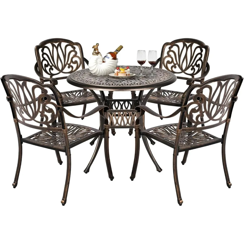 

5 Pieces Outdoor Patio Dining Set, Cast Aluminium Patio Furniture Set with 4 Chairs and 1 Umbrella Table for Yard, Garden, Porc