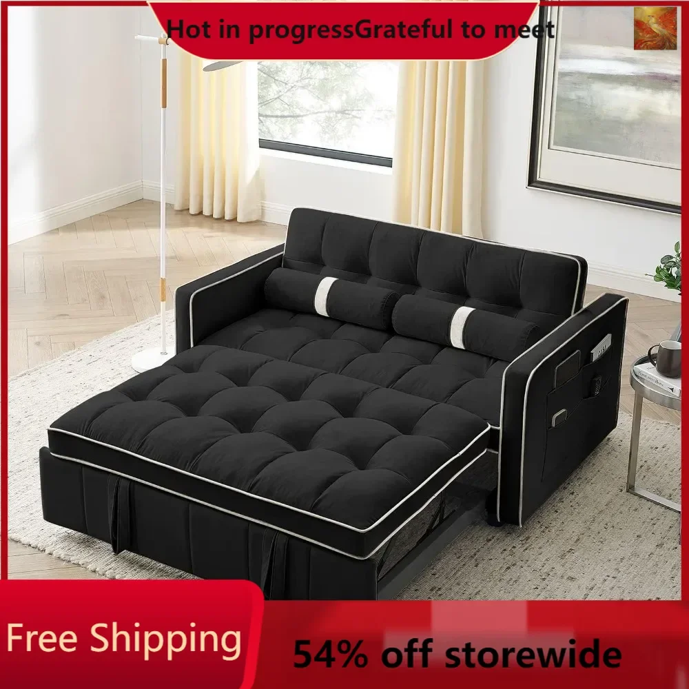 3-in-1 sofa bed, small tufted velvet convertible double sofa bed with pull-out bed, living room apartment cylindrical pillows