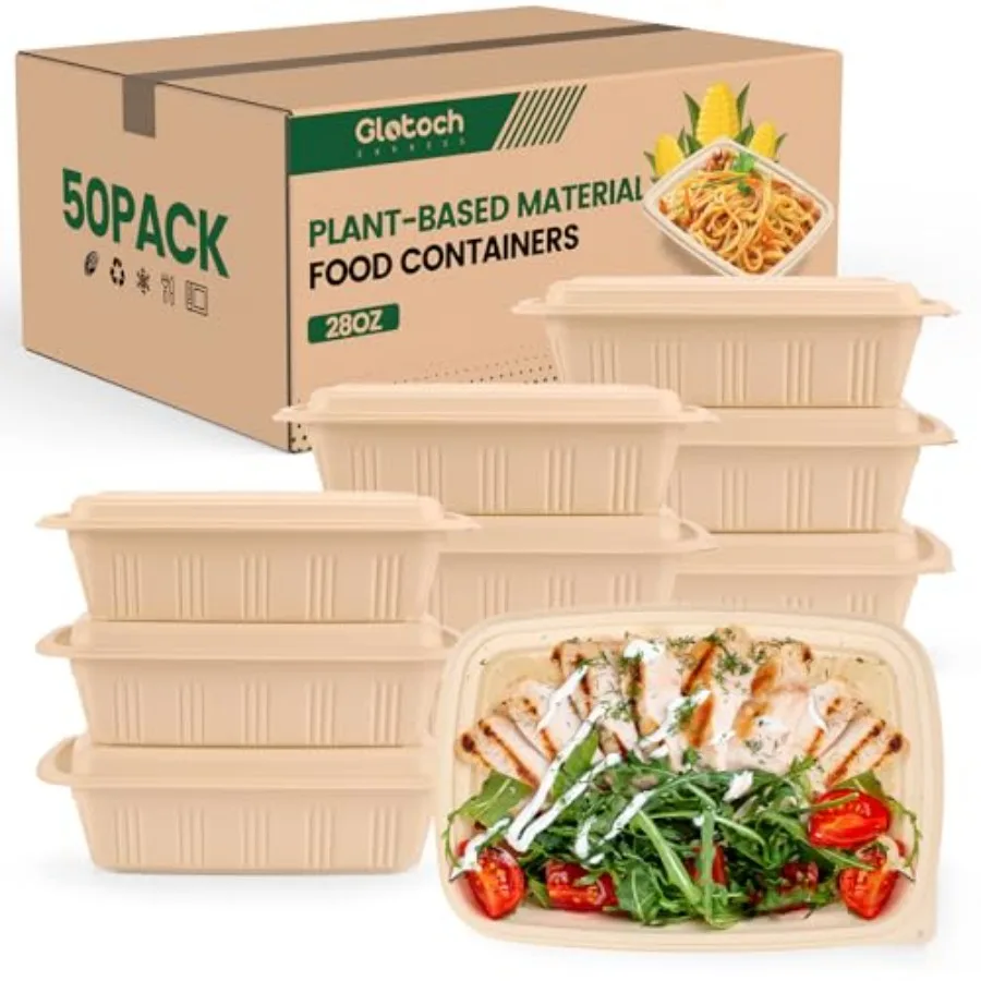 

100 Pcs 50 Pack Meal Prep Containers with Lids, Cornstarch Food Storage Containers Plant-based Lunch Box for Salad, BPA Free Pl