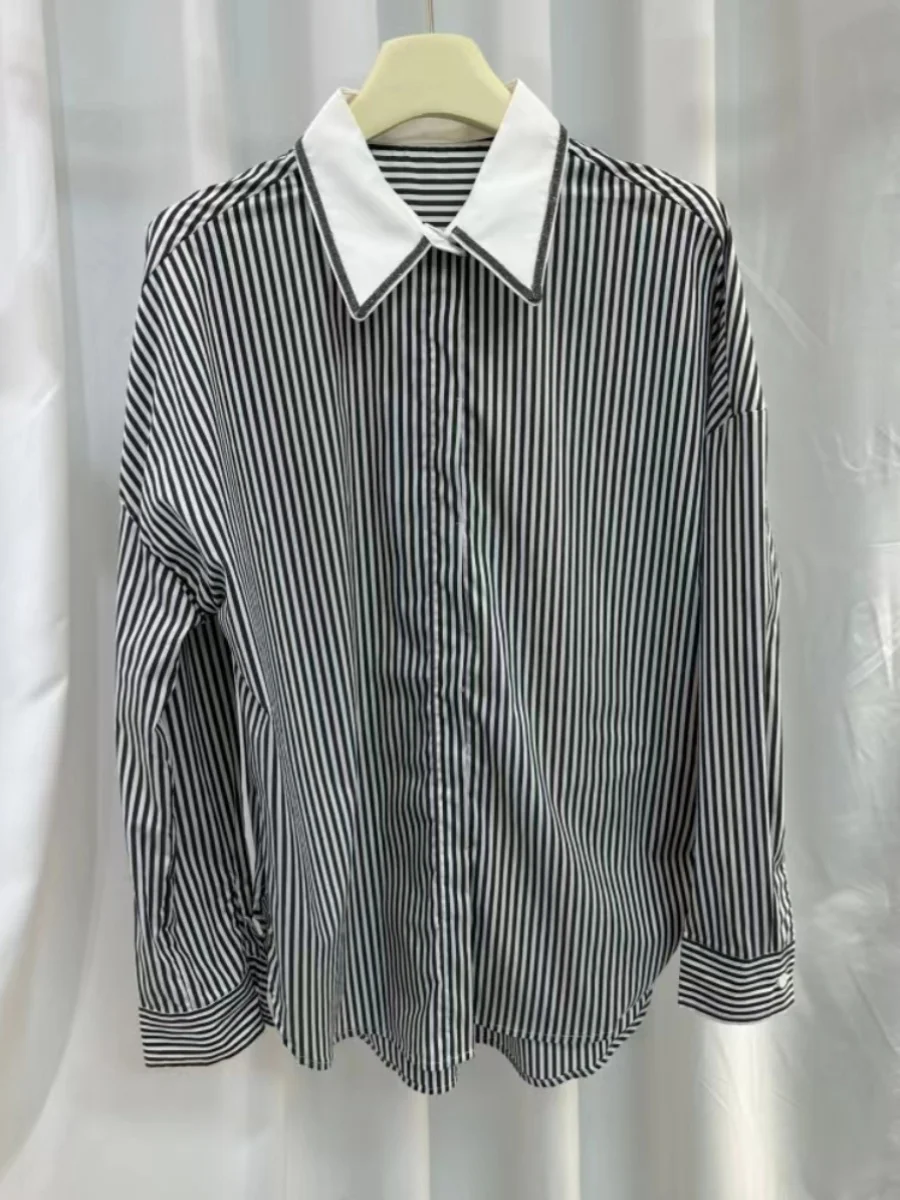 24 B//C New Women’s Collar Heavy Bead Chain Stretch Cotton Striped Lapel Shirt