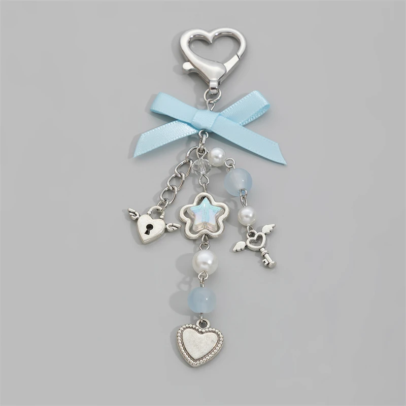 Korean Style Blue Ribbon Bow Keychain Heart Wings Pendant Simple Imitation Pearl Hanging Ornaments Women Accessories