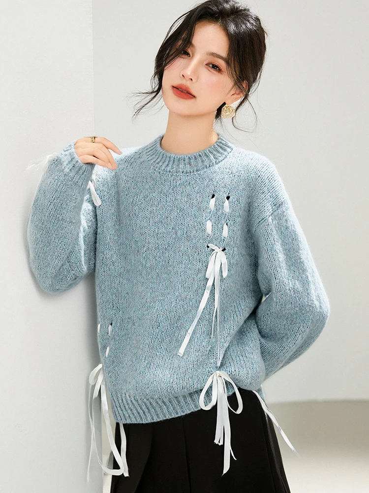   เสื้อถักทรงหลวมแบบผูกปม แขนยาว ทรงกลม สำหรับผู้หญิง สไตล์ลำลอง สวมใส่สบาย ผ้าเนื้อนุ่ม ช่วยลดเลือนริ้วรอย