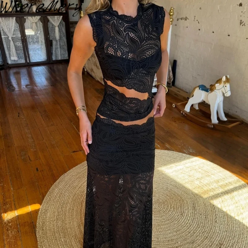 

WhereMery Sexy Elegant Lace See-Through Sleeveless Round Neck Top and Straight Long Skirt Summer Evening Party Women 2 Piece Set