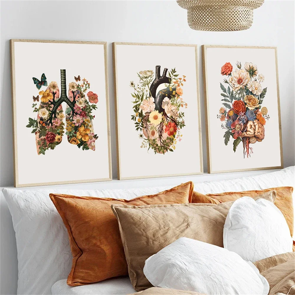 Vintage Human Anatomy Heart Lung Brian Posters Wall Art Canvas Painting Medical Print Plant Floral Wall Pictures Clinic Decor